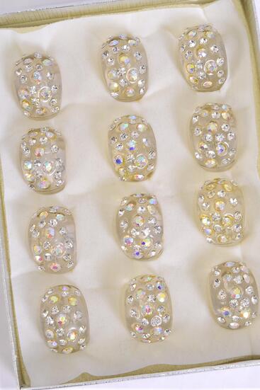 Rings Acrylic Dome Rhinestones Clear / 12 pcs = Dozen  Clear , Size - 7 8 9 Pr Size Mix , w Ring Display Box & OPP Bag & UPC Code