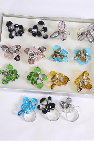 Rings Multi Venetian Glass w Crystal Charms Mix Adjustable / 12 pcs = Dozen Adjustable , Multi , 2 of each Color Asst , Velvet Ring Display Window Box & OPP  bag & UPC Code