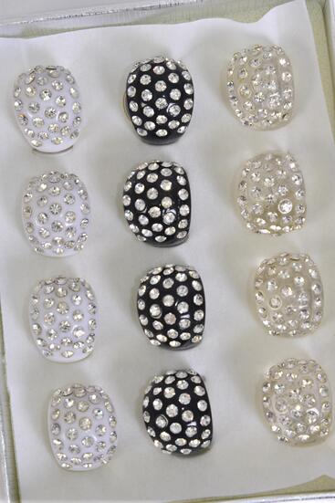Rings Acrylic Dome Rhinestones Black White Clear Mix / 12 pcs = Dozen Size - 7  8  9 Size Mix , 4 of each Color Asst , Velvet Ring Display Box & OPP Bag & UPC Code