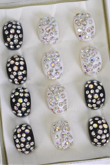 Rings Acrylic Dome Rhinestones Black White Color Asst / 12 pcs = Dozen Size - 7 8 9 Pr Size Mix , 6 Black , 6 White Color Asst , Ring Display Box & OPP Bag & UPC Code