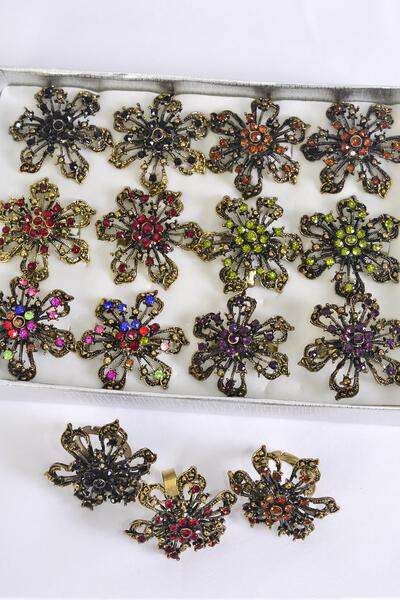 Rings Antique Flower Color Rhinestones Multi Adjustable / 12 pcs = Dozen  Adjustable , Flower Size - 1.25" Wide , 2 Multi , 2 Black , 2 Red , 2 Brown , 2 Purple , 1 Royal Blue , 1 Green Color Asst.