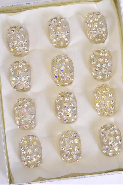 Rings Acrylic Dome Rhinestones / 12 pcs = Dozen Size - 7  8  9 Pr Size Mix , Choose Colors , Ring Display Box & OPP Bag & UPC Code