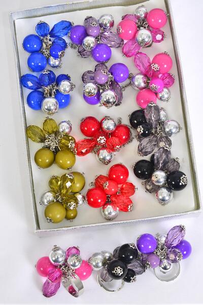Rings Multi Charm Acrylic Ball And Gem Stone Mix Adjustable / 12 pcs = Dozen Adjustable , 2 of each Color Asst , Velvet Ring Display Window Box , OPP bag & UPC Code