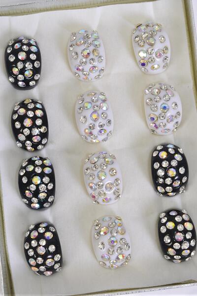 Rings Acrylic Dome Rhinestones / 12 pcs = Dozen Size - 7  8  9 Pr Size Mix , Choose Colors , Ring Display Box & OPP Bag & UPC Code