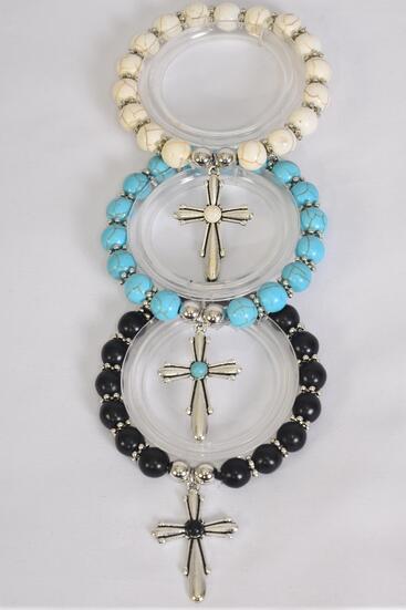 Bracelet Cross Charm Stretch 10 mm Semiprecious Stone / 12 pcs = Dozen  match 76026 Stretch , Cross - 1.5" x 1" Wide , 4 Black , 4 Ivory , 4 Turquoise Asst , Hang Tag & OPP Bag & UPC Code