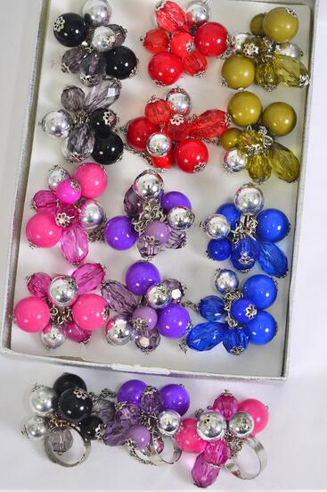 Rings Acrylic Ball And Gem Mix Multi Adjustable / 12 pcs = Dozen Adjustable , 2 of each Color Asst , Velvet Ring Display Window Box , OPP bag & UPC Code