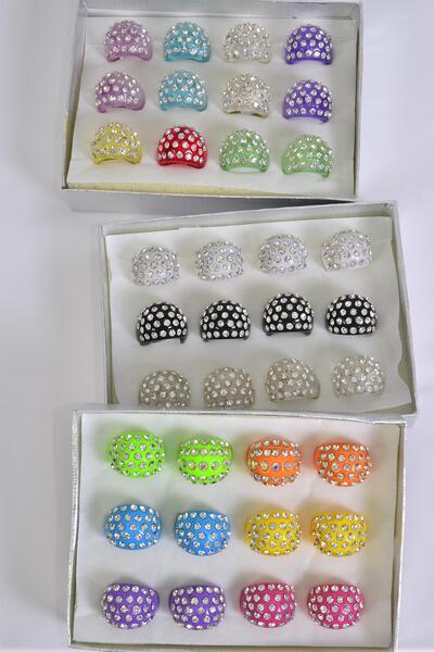 Rings Acrylic Dome Rhinestones / 12 pcs = Dozen Size - 7  8  9 pr Size Mix , Velvet Ring Display Box & OPP Bag & UPC Code , Choose Colors