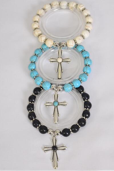 Bracelet Cross Charm Stretch 10 mm Semiprecious Stone / 12 pcs = Dozen  match 76026 Stretch , Cross - 1.5" x 1" Wide , 4 Black , 4 Ivory , 4 Turquoise Asst , Hang Tag & OPP Bag & UPC Code
