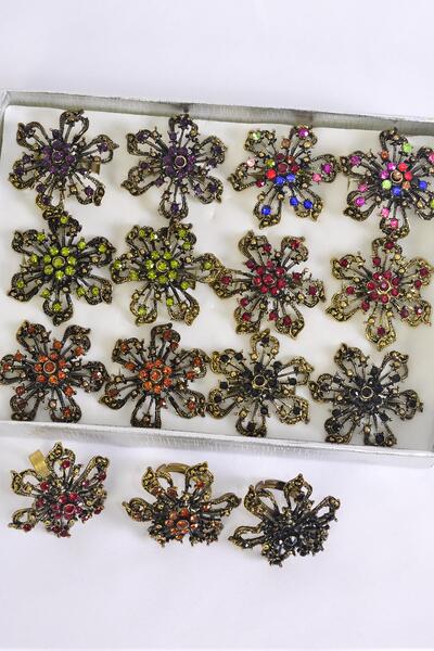 Rings Antique Flower Color Rhinestones / 12 pcs = Dozen Adjustable , Flower Size - 1.25" Wide , 2 Multi , 2 Black , 2 Red , 2 Brown , 2 Purple , 1 Royal Blue , 1 Green Color Asst.