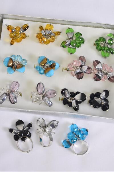 Rings Venetian Glass Crystal Charms Mix Multi / 12 pcs = Dozen Adjustable , Multi , 2 of each Color Asst , Velvet Ring Display Window Box & OPP  bag & UPC Code