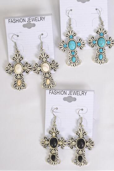 Earrings Metal Antique Cross Semiprecious Stone / 12 pair = Dozen match 75025 Fish Hook , Size - 1.75" x 1.25" Wide , 4 Black , 4 Ivory , 4 Turquoise Asst , Earring Card & OPP Bag & UPC Code
