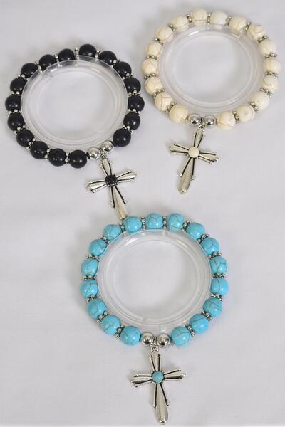 Bracelet Cross Charm 10 mm Semiprecious Stone / 12 pcs = Dozen Stretch , Cross - 1.5" x 1" Wide , 4 Black , 4 Ivory , 4 Turquoise Asst , Hang Tag & OPP Bag & UPC Code