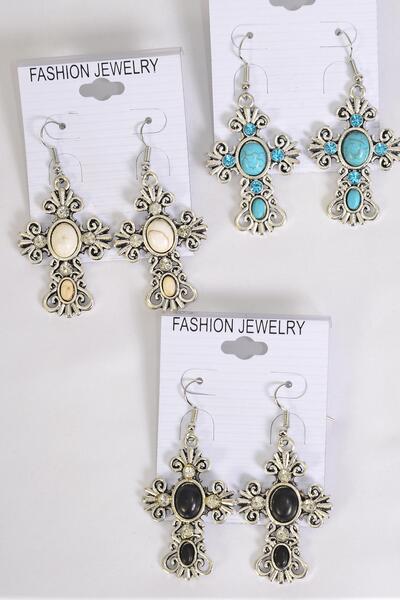 Earrings Metal Antique Cross Semiprecious Stone / 12 pair = Dozen match 75025 Fish Hook , Size - 1.75" x 1.25" Wide , 4 Black , 4 Ivory , 4 Turquoise Asst , Earring Card & OPP Bag & UPC Code