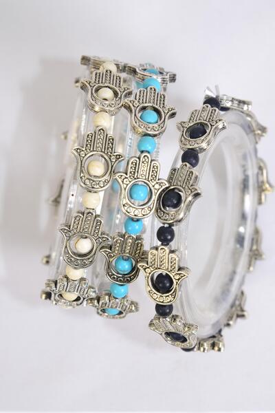 Bracelet Hamsa Evil Eye Center spinning Semiprecious Stones good luck and protection / 12 pcs = Dozen   Stretch , 4 Black , 4 Ivory , 4 Turquoise Asst , Hang Tag & OPP Bag & UPC Code