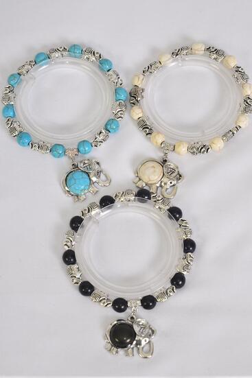 Bracelet Elephant Charm 8 mm Semiprecious Stone / 12 pcs = Dozen  match 02668 Elephant , Stretch , 4 Black , 4 Ivory , 4 Turquoise Asst , Hang Tag & OPP Bag & UPC Code
