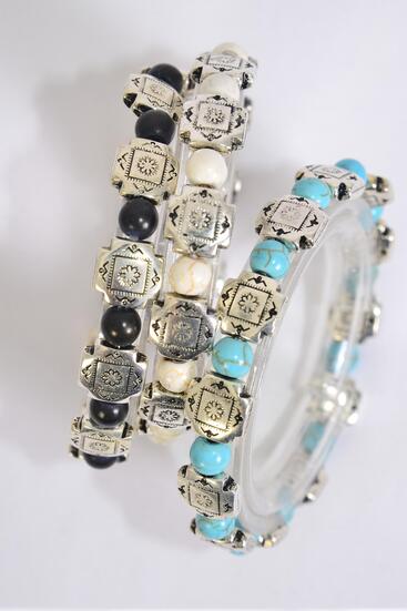 Bracelet Semiprecious Stone Western Aztec Mix / 12 pcs = Dozen Stretch , 4 Black , 4 Ivory , 4 Turquoise Color Asst , Hang Tag & Opp Bag & UPC Code