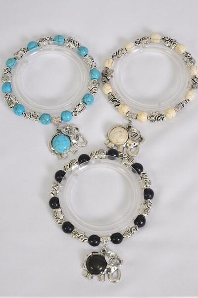 Bracelet Elephant Charm 8 mm Semiprecious Stone / 12 pcs = Dozen  match 02668 Elephant , Stretch , 4 Black , 4 Ivory , 4 Turquoise Asst , Hang Tag & OPP Bag & UPC Code