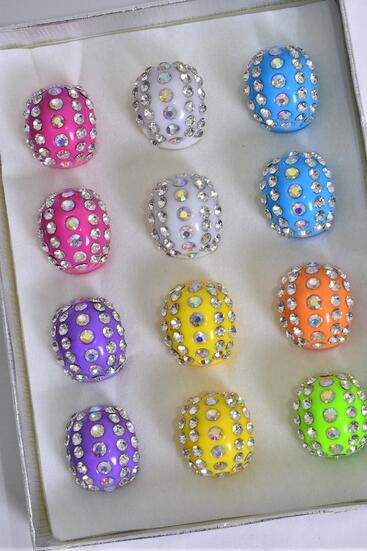 Rings Acrylic Dome Rhinestones Citrus / 12 pcs = Dozen Citrus - Size - 7  8  9 Mix , 2 Fuchsia , 2 Purple , 2 Yellow , 2 Orange , 2 Lime , 1 Blue, 1 Pink Color Asst