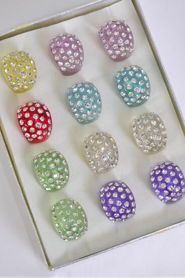 Rings Acrylic Dome Shape Rhinestones Pastel / 12 pcs = Dozen Pastel , Size - 7  8  9 Mix , 2 Pink , 2 Yellow , 2 Blue , 2 Clear , 2 Lime , 1 Lavender , 1 Fuchsia Color Mix .