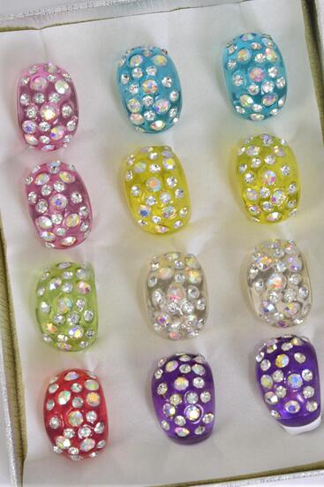 Rings Acrylic Dome Rhinestones Transparent Multi / 12 pcs = Dozen  Transparent , Size - 7  8  9 Pr Mix , 2 Pink , 2 Yellow , 2 Blue , 2 Clear , 2 Lime , 1 Lavender , 1 Fuchsia  Color Mix .