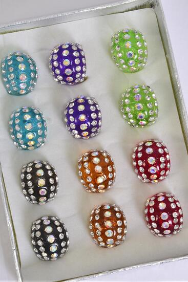 Rings Acrylic Dome Rhinestones Transparent Multi / 12 pcs = Dozen Transparents Multi - Size - 7  8  9 Mix , 2 of each Color Asst , 1 DZ Velvet Ring Display Box OPP Bag UPC Code