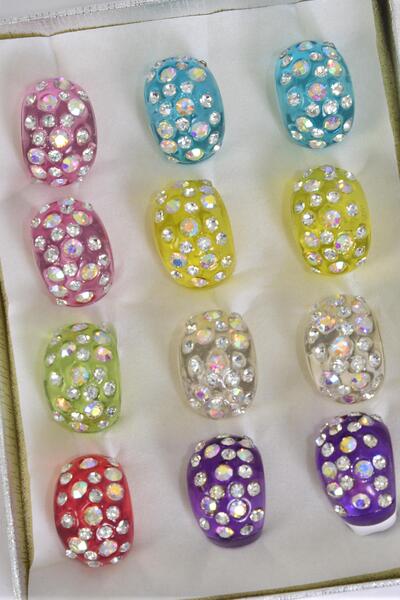 Rings Acrylic Dome Rhinestones / 12 pcs = Dozen Size - 7  8  9 Pr Size Mix , Choose Colors , Ring Display Box & OPP Bag & UPC Code