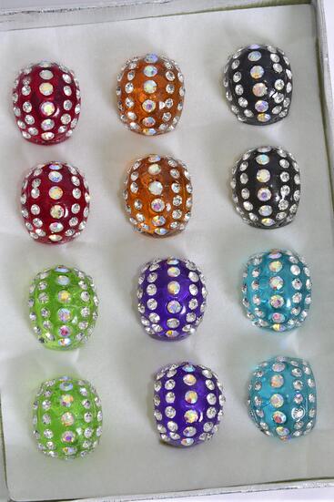 Rings Acrylic Dome Rhinestones Transparent Multi / 12 pcs = Dozen Transparents Multi - Size - 7  8  9 Mix , 2 of each Color Asst , 1 DZ Velvet Ring Display Box OPP Bag UPC Code