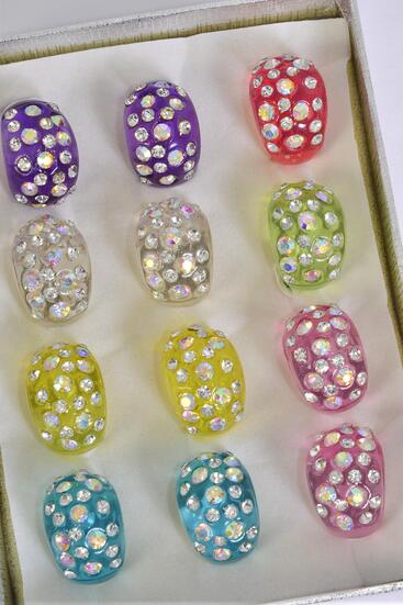 Rings Acrylic Dome Rhinestones Transparent Multi / 12 pcs = Dozen  Transparent , Size - 7  8  9 Pr Mix , 2 Pink , 2 Yellow , 2 Blue , 2 Clear , 2 Lime , 1 Lavender , 1 Fuchsia  Color Mix .