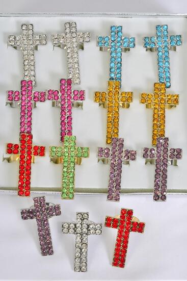 Rings Cross Metal Gold multi Color Rhinestones Adjustable / 12 pcs = Dozen Adjustable , Cross Size - 1.75" x 1" Wide , 2 Red , 2 Fuchsia , 2 Blue , 2 Lavender , 2 Clear , 1 Gold , 1 Lime Asst