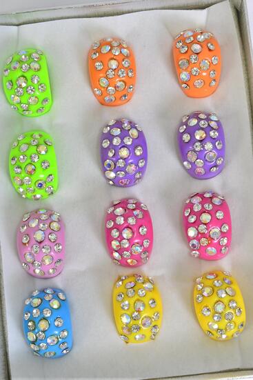 Rings Acrylic Dome Rhinestones Citrus / 12 pcs = Dozen Citrus - Size - 7  8  9 Mix , 2 Fuchsia , 2 Purple , 2 Yellow , 2 Orange , 2 Lime , 1 Blue, 1 Pink Color Asst
