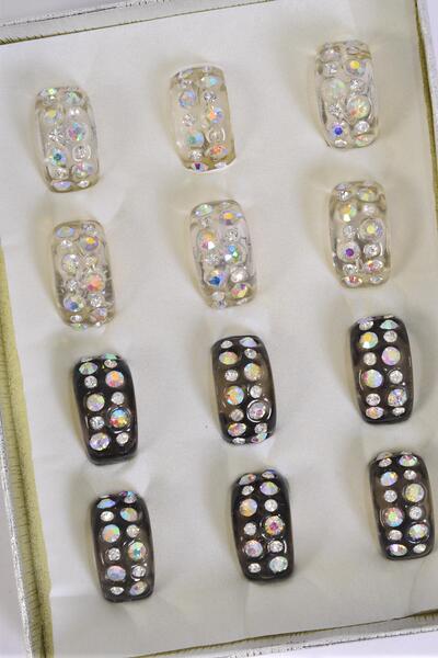 Rings Acrylic Oblong Shape Rhinestones / 12 pcs = Dozen Pre 6 7 8 9 Size Mix , Choose Colors , Velvet Ring Display Box , Opp bag & UPC Code 