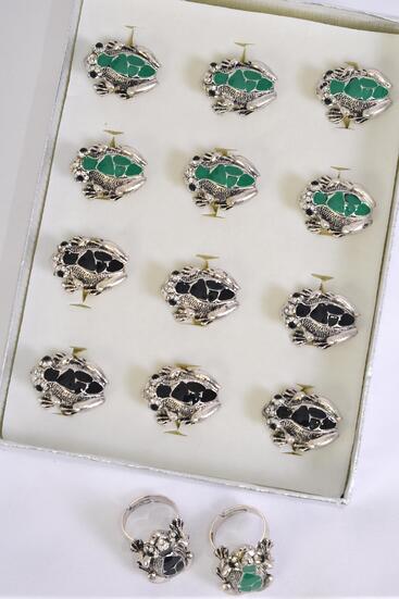 Rings Frog Enamel Antique Adjustable / 12 pcs = Dozen  Adjustable , Size - 1" x 0.75", 6 Black  , 6 Green Color Mix , 1 Dozen Display Box , OPP Bag & UPC Code