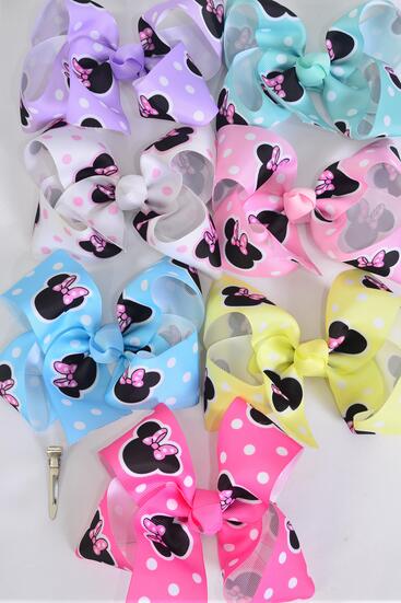 Hair Bow Jumbo Polka dot Mouse Ear Pastel Grosgrain Bow-tie / 12 pcs Bow = Dozen Alligator Clip , Size - 6" x 5" , 2 White , 2 Baby Pink , 2 Lavender , 2 Hot Pink , 2 Mint Green ,1 Blue, 1 Yellow Color Asst , Clip Strip & UPC Code