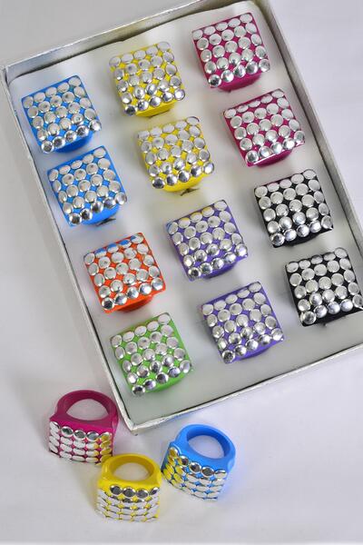 Rings Acrylic Square Silver Studded Multi / 12 pcs = Dozen Multi , Size - 1" Wide , 2 Black , 2 Fuchsia , 2 Blue , 2 Lavender , 2 Yellow , 1 Lime , 1 Orange Color Mix .