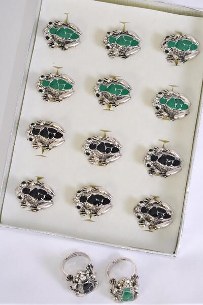 Rings Frog Enamel Antique Adjustable / 12 pcs = Dozen  Adjustable , Size - 1" x 0.75", 6 Black  , 6 Green Color Mix , 1 Dozen Display Box , OPP Bag & UPC Code