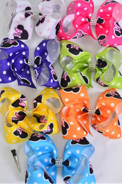Hair Bow Jumbo Polka dots Mouse Ear Grosgrain Bow-tie Multi / 12 pcs Bow = Dozen  Alligator Clip , Size - 6" x 5" Wide ,  2 Fuchsia , 2 Blue , 2 White , 2 Purple , 2 Yellow , 1 Orange , 1 Lime Color Asst , Clip Strip & UPC Code