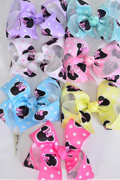 Hair Bow Jumbo Polka dot Mouse Ear Pastel Grosgrain Bow-tie / 12 pcs Bow = Dozen Alligator Clip , Size - 6" x 5" , 2 White , 2 Baby Pink , 2 Lavender , 2 Hot Pink , 2 Mint Green ,1 Blue, 1 Yellow Color Asst , Clip Strip & UPC Code