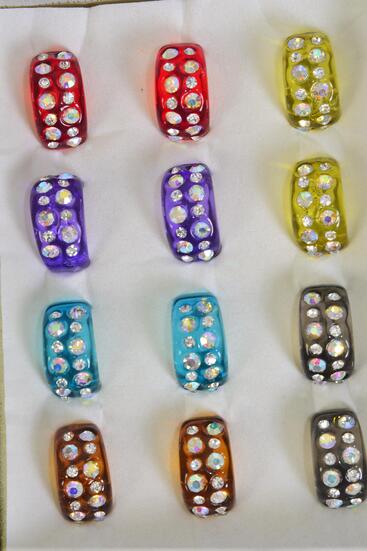 Rings Acrylic Oblong Clear Rhinestones Transparent / 12 pcs = Dozen Transparent , Size - 6  7  8 Mix , Velvet Ring Display Box & OPP Bag & UPC Code