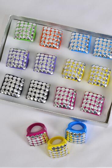 Rings Acrylic Square Silver Studded Multi / 12 pcs = Dozen Multi , Size - 1" Wide , 2 Black , 2 Fuchsia , 2 Blue , 2 Lavender , 2 Yellow , 1 Lime , 1 Orange Color Mix .
