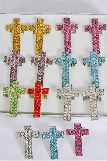 Rings Cross Metal Color Rhinestones Gold multi / 12 pcs = Dozen Adjustable , Cross Size - 1.75" x 1" Wide , 2 Red , 2 Fuchsia , 2 Blue , 2 Lavender , 2 Clear , 1 Gold , 1 Lime Asst