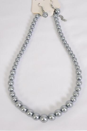 Necklace Sets Graduated From 8 to 14 mm Glass Pearls Gray / 12 pcs = Dozen Gray , 20" Long , Hang Tag & Opp Bag & UPC Code