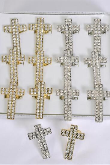 Rings Cross Metal Gold Silver Mix w Clear Rhinestones / 12 pcs = Dozen Adjustable , Cross Size - 1.75" x 1" Wide , 6 Gold , 6 Silver Mix , 1Dz Velvet Display Window Box & OPP bag & UPC code