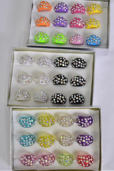 Rings Acrylic Dome Rhinestones / 12 pcs = Dozen Size - 7  8  9 Pr Size Mix , Choose Colors , Ring Display Box & OPP Bag & UPC Code