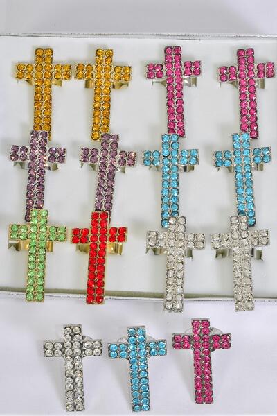 Rings Cross Metal Color Rhinestones Gold multi / 12 pcs = Dozen Adjustable , Cross Size - 1.75" x 1" Wide , 2 Red , 2 Fuchsia , 2 Blue , 2 Lavender , 2 Clear , 1 Gold , 1 Lime Asst