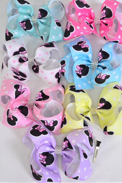 Hair Bow Jumbo Polka dot Mouse Ear Pastel Grosgrain Bow-tie / 12 pcs Bow = Dozen Alligator Clip , Size - 6" x 5" , 2 White , 2 Baby Pink , 2 Lavender , 2 Hot Pink , 2 Mint Green ,1 Blue, 1 Yellow Color Asst , Clip Strip & UPC Code