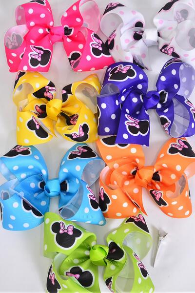 Hair Bow Jumbo Polka dots Mouse Ear Grosgrain Bow-tie / 12 pcs Bow = Dozen Alligator Clip , Size - 6" x 5" Wide , 2 Fuchsia , 2 Blue , 2 White , 2 Purple , 2 Yellow , 1 Orange , 1 Lime Color Asst , Clip Strip & UPC Code