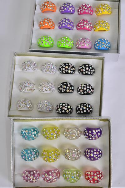 Rings Acrylic Dome Rhinestones / 12 pcs = Dozen Size - 7  8  9 Pr Size Mix , Choose Colors , Ring Display Box & OPP Bag & UPC Code