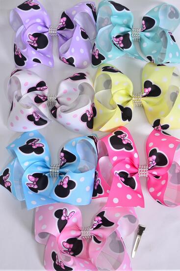 Hair Bow Jumbo Polka dot Mouse Ear Pastel Grosgrain Bow-tie / 12 pcs Bow = Dozen Alligator Clip , Size - 6" x 5" , 2 White , 2 Baby Pink , 2 Lavender , 2 Hot Pink , 2 Mint Green ,1 Blue, 1 Yellow Color Asst , Clip Strip & UPC Code