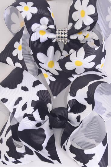 Hair Bow Jumbo Cow Daisy Flower Pattern Mix Grosgrain Bow-tie / 12 pcs Bow = Dozen Alligator Clip , Size - 6" x 5" Wide , 6 of each Pattern Asst , Clip Strip & UPC Code