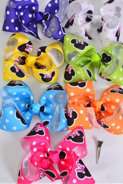Hair Bow Jumbo Polka dots Mouse Ear Grosgrain Bow-tie / 12 pcs Bow = Dozen Alligator Clip , Size - 6" x 5" Wide , 2 Fuchsia , 2 Blue , 2 White , 2 Purple , 2 Yellow , 1 Orange , 1 Lime Color Asst , Clip Strip & UPC Code